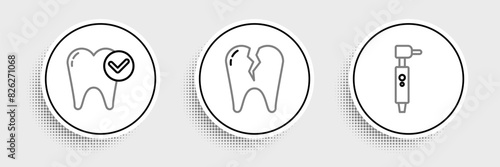 Set line Tooth drill, whitening concept and Broken tooth icon. Vector