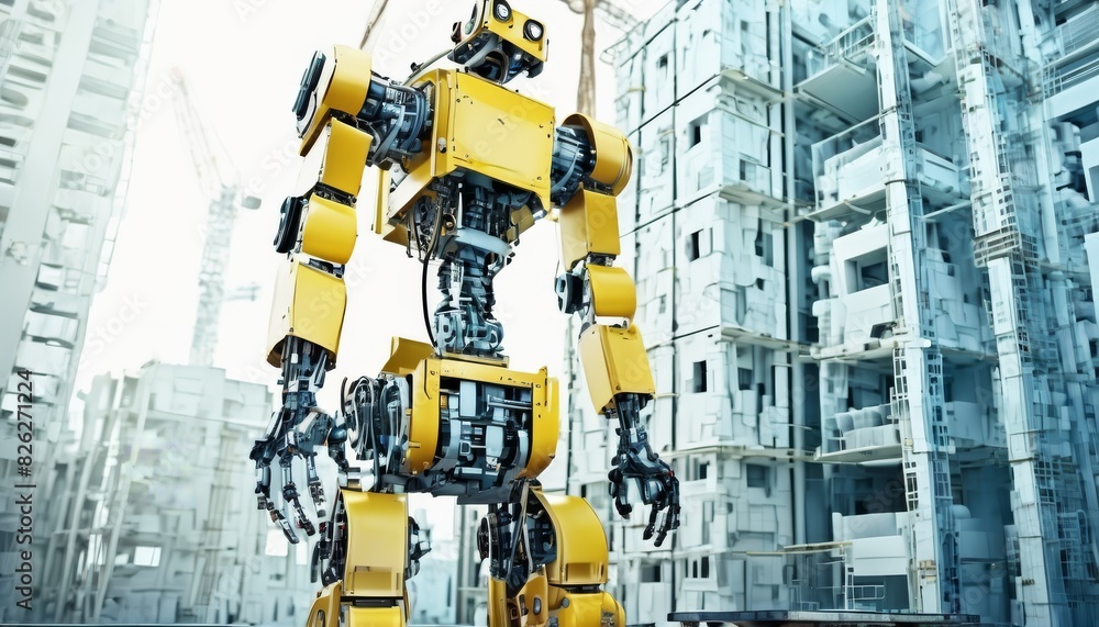 A massive yellow robot equipped with hydraulic arms, engaged in construction work amidst urban high-rises.. AI Generation A massive yellow robot equipped with hydraulic arms, engaged in construction work amidst urban high-rises.. AI Generation