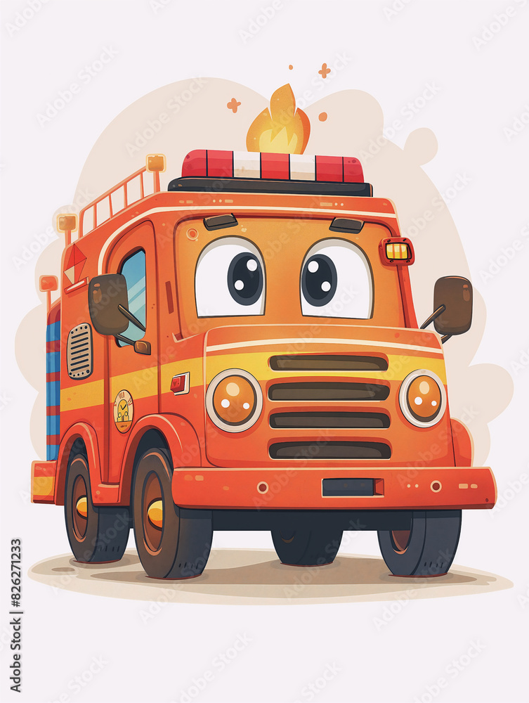 Cartoon Fire Engine Machine Character With Smiling Face On A Light 
