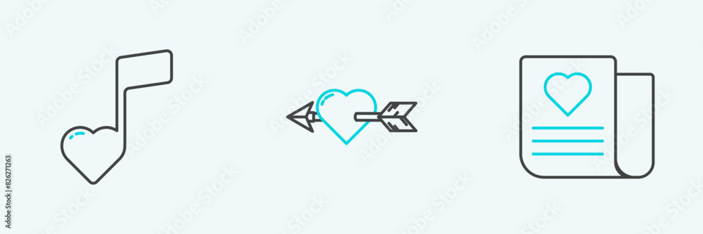 Set line Envelope with Valentine heart, Music note, tone hearts and Amour and arrow icon. Vector Set line Envelope with Valentine heart, Music note, tone hearts and Amour and arrow icon. Vector