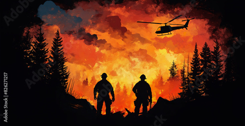 Silhouettes of firefighters with rescue helicopter battling forest fire. Firefighting and heroism concept. Design for social media and t-shirt print.
