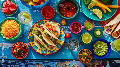 A table with a variety of Mexican food and drinks, including tacos, guacamole generated by AI