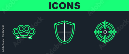 Set line Target sport, Brass knuckles and Shield icon. Vector