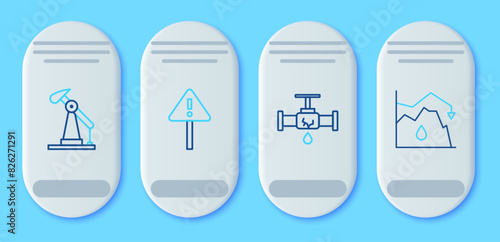 Set line Exclamation mark in triangle, Broken pipe with leaking water, Oil pump or pump jack and Drop crude oil price icon. Vector