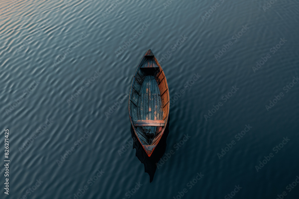 Aerial view of a single boat floating on a calm, open body of water. Highlight the solitude and minimalist beauty of the scene, with the boat casting a gentle shadow on the surface. Aerial view of a single boat floating on a calm, open body of water. Highlight the solitude and minimalist beauty of the scene, with the boat casting a gentle shadow on the surface.