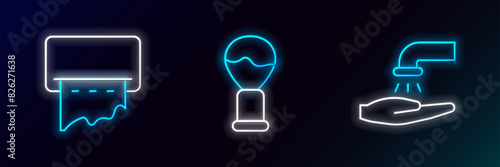 Set line Washing hands with soap, Paper towel dispenser on wall and Shaving brush icon. Glowing neon. Vector