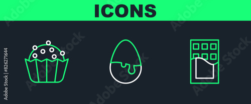 Set line Chocolate bar, Cupcake and egg icon. Vector