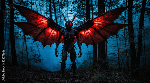 In the dark nights of West Virginia, the Mothman, a humanoid figure with glowing red eyes and massive wings, appears as a harbinger of disaster and doom photo