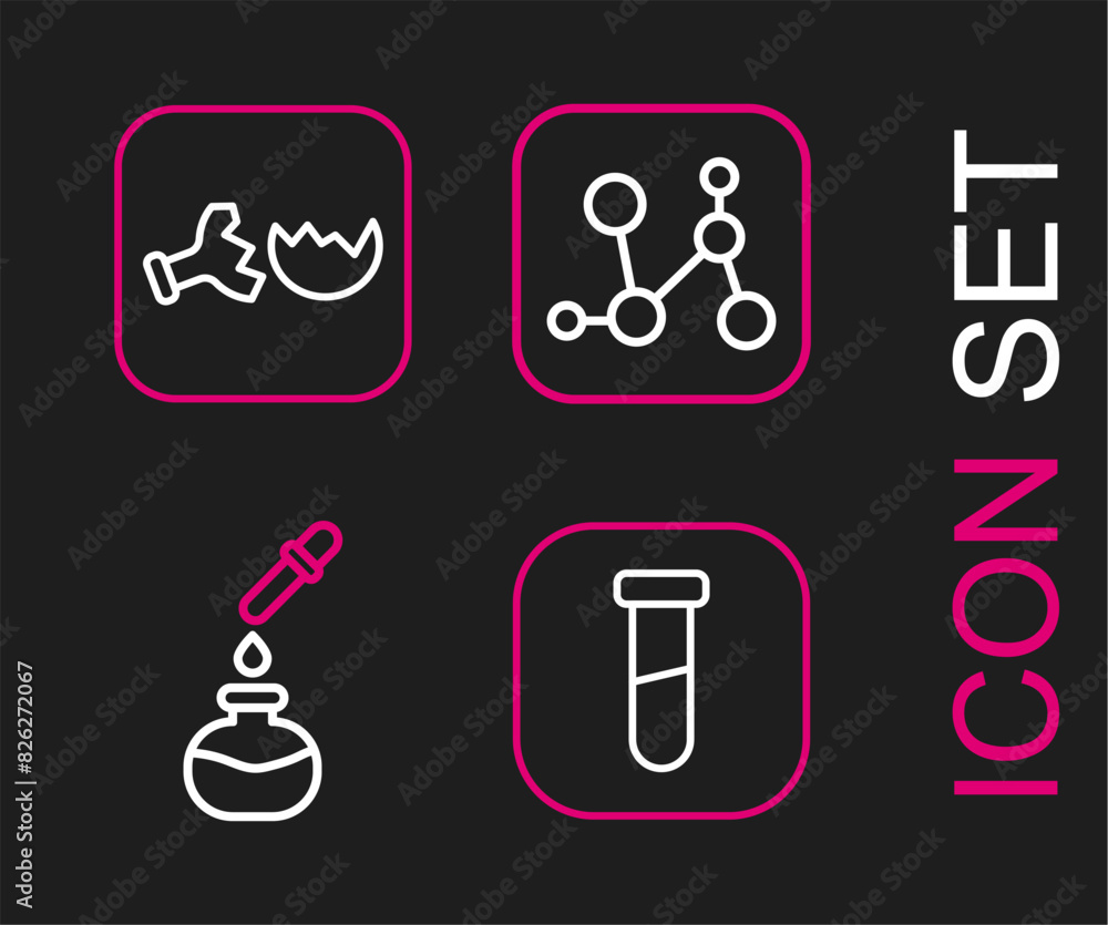 Set line Test tube and flask, Chemical formula and Broken icon. Vector Set line Test tube and flask, Chemical formula and Broken icon. Vector