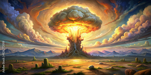 A dramatic depiction of a nuclear explosion with a massive mushroom cloud rising into the sky. The intense colors and powerful imagery convey the destructive force and awe-inspiring power of the blast photo