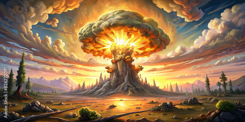 A dramatic depiction of a nuclear explosion with a massive mushroom cloud rising into the sky. The intense colors and powerful imagery convey the destructive force and awe-inspiring power of the blast photo