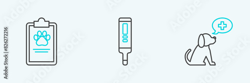 Set line Veterinary clinic symbol, Clipboard with medical clinical record pet and Medical digital thermometer icon. Vector