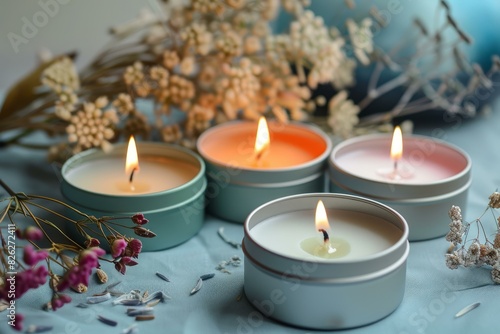 Lit scented candles surrounded by a tranquil floral arrangement on a soft background