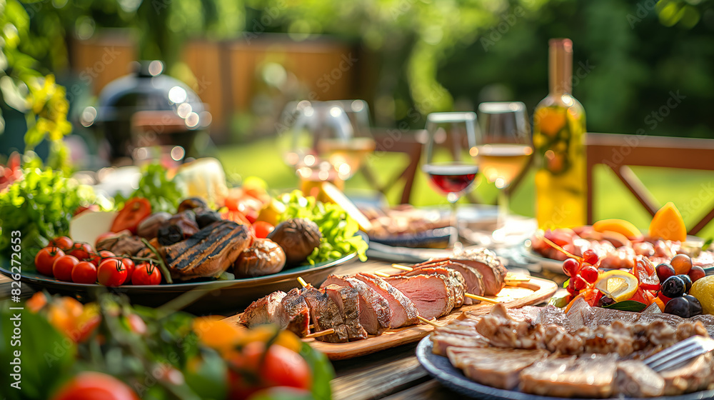 Sumptuous backyard barbecue spread with grilled meat and wine on a sunny day, perfect for social gatherings