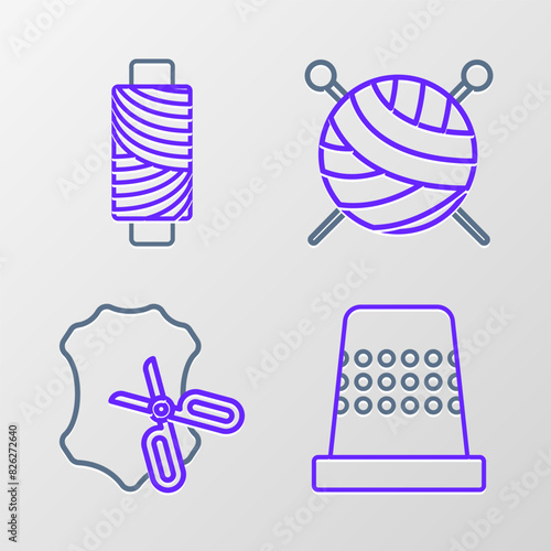 Set line Thimble for sewing  Scissors and leather  Yarn ball with knitting needles and Sewing thread on spool icon. Vector