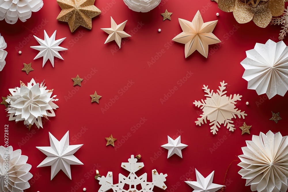 Christmas red background with snowflakes to the side. Merry Christmas and Happy Holidays greeting card, frame, banner. New Year. Noel. White Christmas ornaments top view. Winter holiday xmas theme. Christmas red background with snowflakes to the side. Merry Christmas and Happy Holidays greeting card, frame, banner. New Year. Noel. White Christmas ornaments top view. Winter holiday xmas theme.