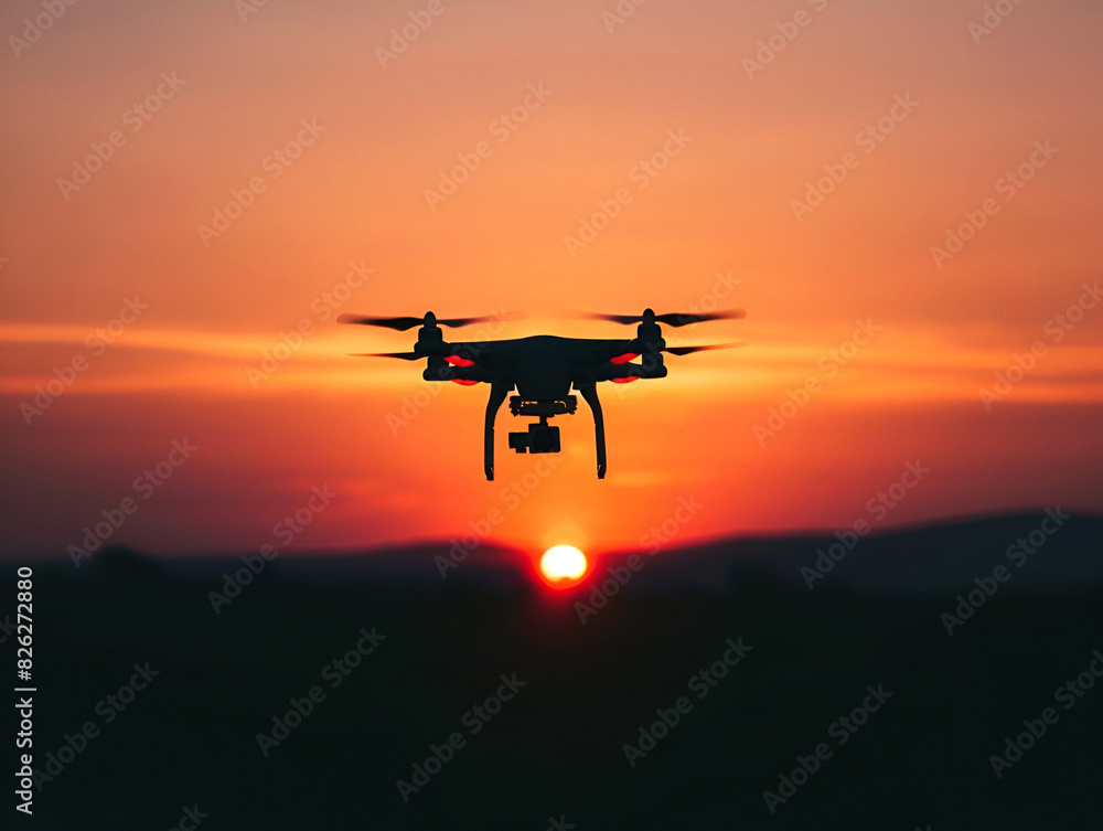 Drone silhouetted against vibrant sunset sky Drone silhouetted against vibrant sunset sky