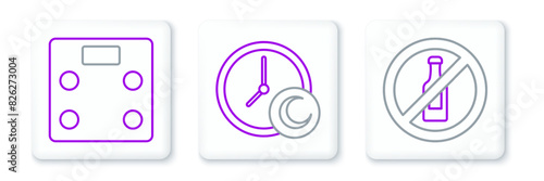 Set line No alcohol, Bathroom scales and Time to sleep icon. Vector