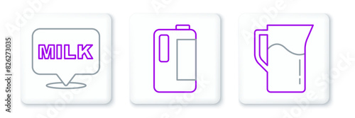 Set line Milk jug or pitcher, Lettering milk and plastic bottle icon. Vector