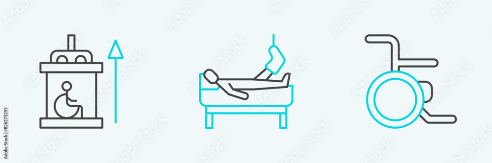 Set line Wheelchair, Elevator for disabled and Patient with broken leg icon. Vector Set line Wheelchair, Elevator for disabled and Patient with broken leg icon. Vector