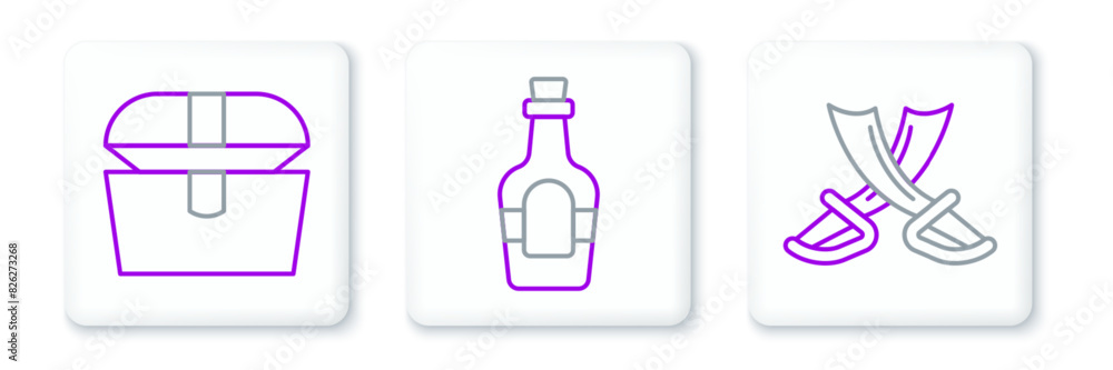 Set line Crossed pirate swords, Antique treasure chest and Alcohol drink Rum icon. Vector Set line Crossed pirate swords, Antique treasure chest and Alcohol drink Rum icon. Vector