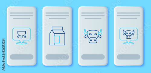 Set line Paper package for milk, Cow head, Udder and icon. Vector