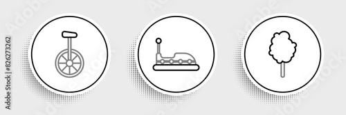 Set line Cotton candy, Unicycle or one wheel bicycle and Bumper car icon. Vector