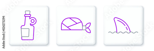Set line Shark fin in ocean wave, Alcohol drink Rum and Pirate bandana for head icon. Vector