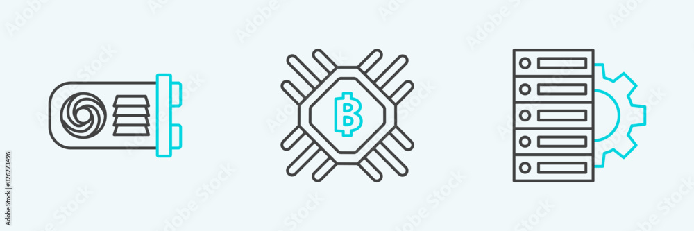 Set line Server and gear, Mining farm and CPU mining icon. Vector Set line Server and gear, Mining farm and CPU mining icon. Vector