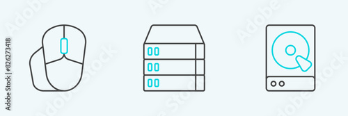 Set line Hard disk drive HDD, Computer mouse and Server, Data, Web Hosting icon. Vector
