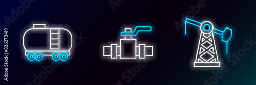 Set line Oil pump or pump jack, railway cistern and Metallic pipes and valve icon. Glowing neon. Vector