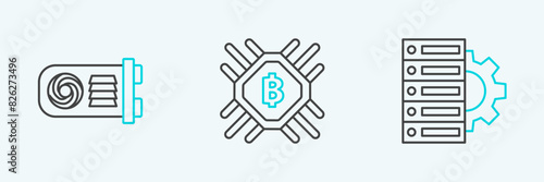 Set line Server and gear, Mining farm and CPU mining icon. Vector