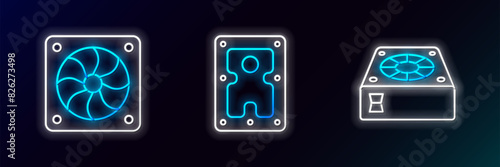Set line Computer cooler, and Hard disk drive HDD icon. Glowing neon. Vector