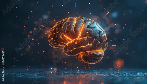 A glowing, metallic brain with sparks flying around it, representing intelligence, technology, and innovation.
