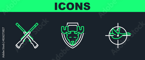 Set line Hunt on duck with crosshairs, Two crossed shotguns and Moose head shield icon. Vector