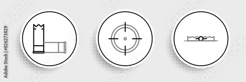 Set line Trap hunting, Cartridges and Target sport for shooting competition icon. Vector