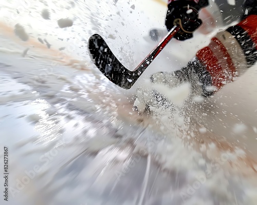 A hockey player's stick slices through the ice, creating a spray of water.  The focus is on the stick and ice, with the player's hand and glove in the background. photo