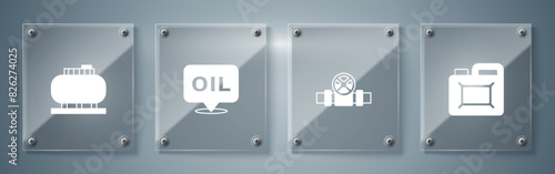 Set Canister for motor oil, Metallic pipes and valve, Word and Oil tank storage. Square glass panels. Vector