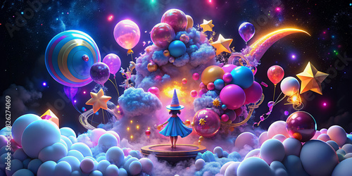 A fantastical 3D illustration featuring colorful balloons, stars, and clouds with a whimsical character standing amidst the dreamy setting. The vibrant and playful elements create a magical 