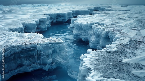 A closeup of a cracked and crumbling glacier, showing the effects of warming temperatures on ice stability