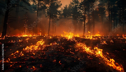 A closeup of a wildfire burning through a forest, with flames consuming trees and smoke darkening the sky photo