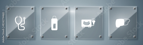 Set Human organ liver, Ultrasound, Digital thermometer and Stethoscope. Square glass panels. Vector