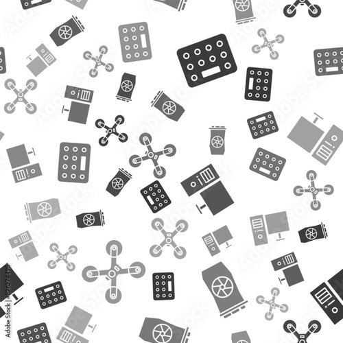Set Pills in blister pack, Video graphic card, Computer monitor and Drone flying on seamless pattern. Vector