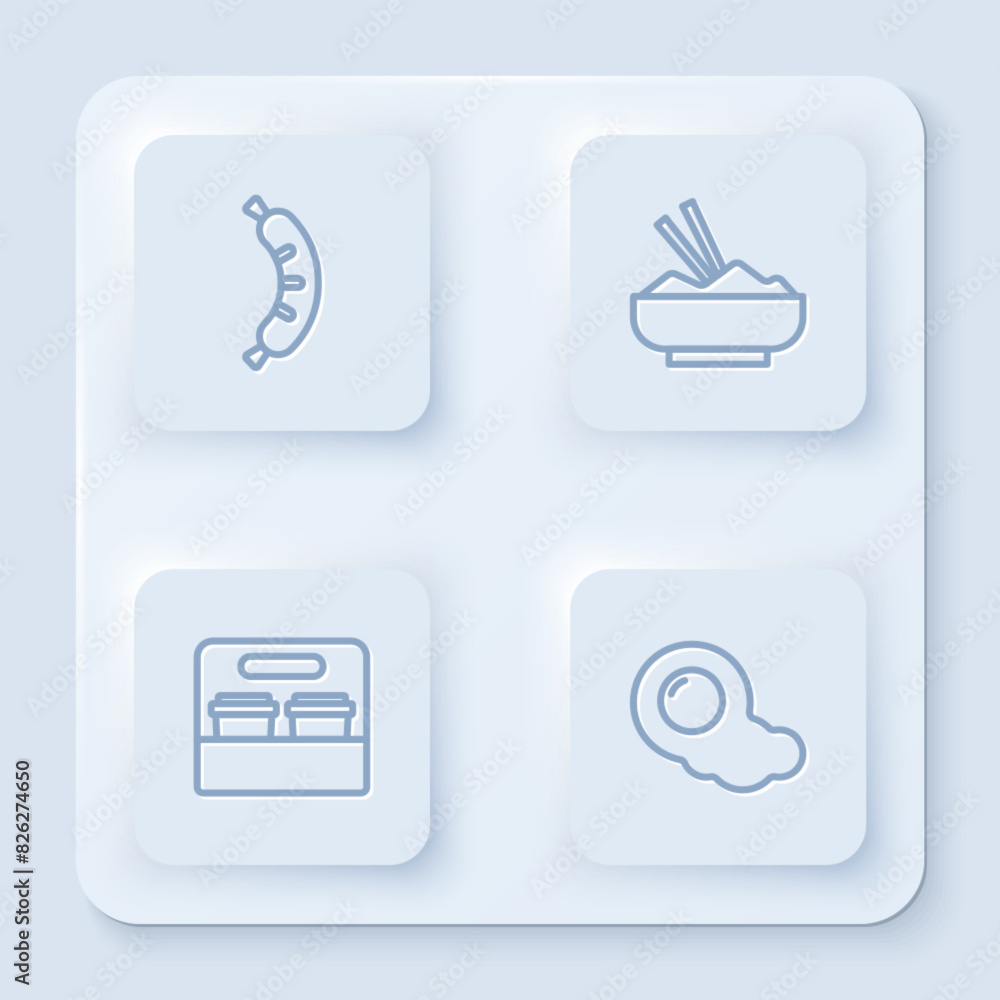 Set line Hotdog, Rice in a bowl with chopstick, Coffee cup to go and Scrambled eggs. White square button. Vector Set line Hotdog, Rice in a bowl with chopstick, Coffee cup to go and Scrambled eggs. White square button. Vector