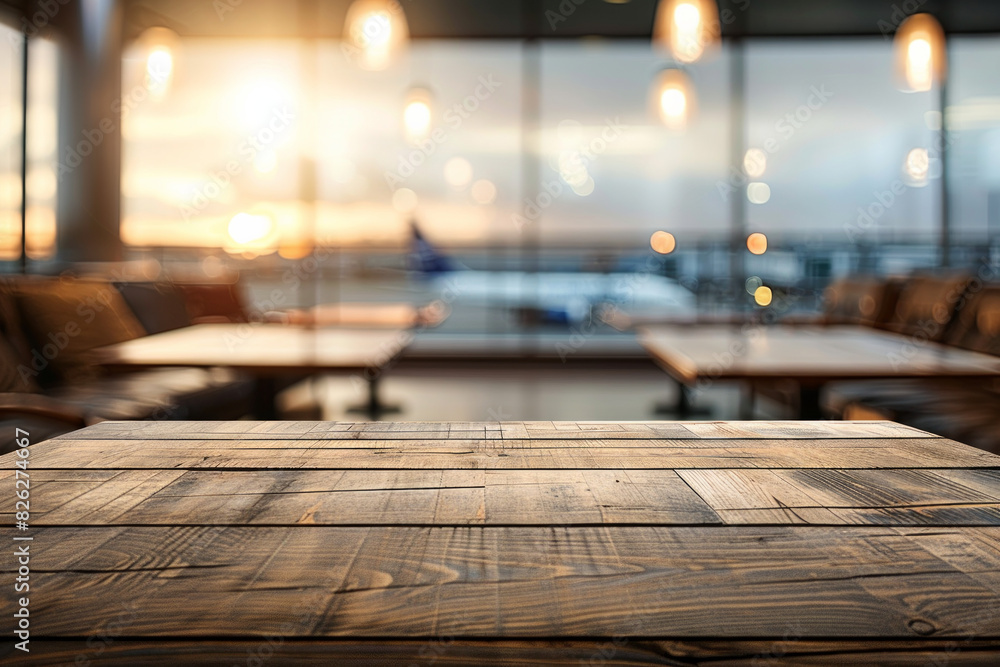 A wooden table in the foreground with a blurred background of an airport lounge. The background includes comfortable seating, large windows with views of airplanes, travelers relaxing or working A wooden table in the foreground with a blurred background of an airport lounge. The background includes comfortable seating, large windows with views of airplanes, travelers relaxing or working