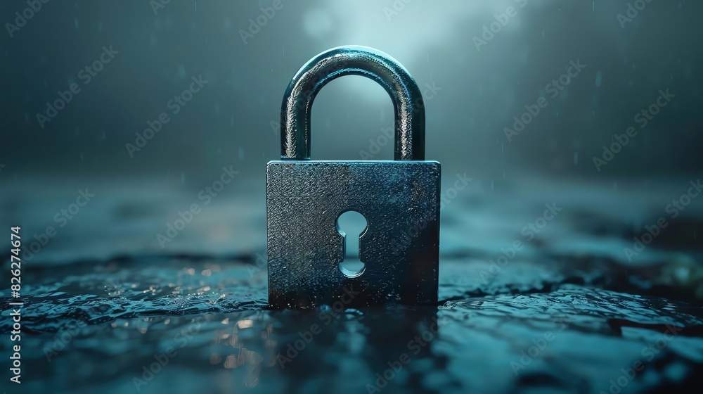 Fototapeta premium A padlock sits on a wet cobblestone path in a dark, mysterious setting. The padlock symbolizes security, protection, and mystery.