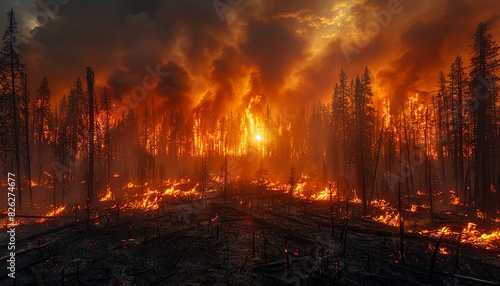 A photograph of a forest devastated by wildfires, emphasizing the increased frequency and intensity of fires due to warmer temperatures