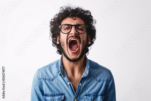 Angry Middle Eastern Man with Curly Hair and Glasses Yelling in Denim Shirt, Expressing Frustration Indoors photo