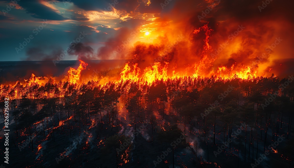 An aerial view of a forest fire spreading rapidly through dry vegetation, threatening nearby communities An aerial view of a forest fire spreading rapidly through dry vegetation, threatening nearby communities