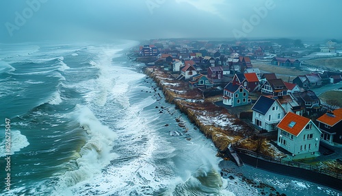 An aerial view of a coastal community protected by sea walls and other coastal defenses, adapting to rising sea levels and storm surges photo